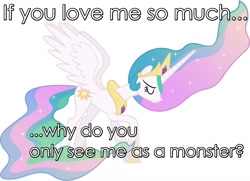Size: 1051x761 | Tagged: safe, princess celestia, alicorn, pony, background pony strikes again, bronybait, drama, eyes closed, fanon, female, frown, image macro, mare, meme, op is trying to start shit, raised hoof, sad, simple background, solo, standing, text edit, walking
