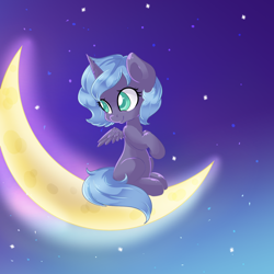 Size: 1280x1280 | Tagged: safe, artist:rue-willings, princess luna, alicorn, pony, crescent moon, filly, solo, tangible heavenly object, transparent moon, woona