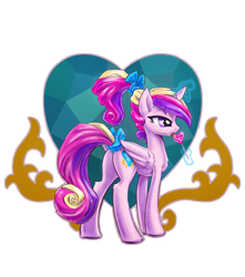 Size: 4500x5100 | Tagged: safe, artist:kp-shadowsquirrel, princess cadance, alicorn, pony, absurd resolution, bowtie, female, licking, lollipop, ponytail, solo, tail bow, teen princess cadance, tongue out