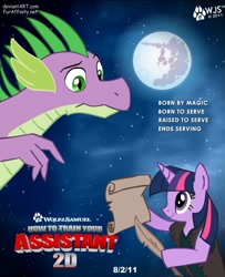 Size: 614x758 | Tagged: safe, artist:wolfjedisamuel, derpibooru import, spike, twilight sparkle, dragon, pony, unicorn, crossover, duo, female, how to train your dragon, male, mare, mare in the moon, moon, movie poster, older, parody, quill