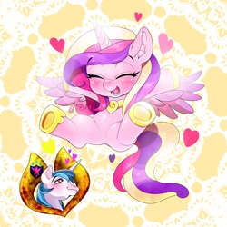 Size: 1000x1000 | Tagged: safe, artist:naoki, princess cadance, shining armor, alicorn, pony, unicorn, chibi, heart, pixiv