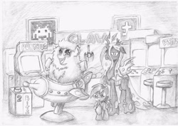 Size: 3507x2480 | Tagged: safe, artist:piterq12, button mash, queen chrysalis, oc, oc:fluffle puff, changeling, changeling queen, arcade game, claw machine, monochrome, polybius, sketch