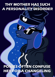 Size: 500x694 | Tagged: safe, artist:drpain, princess luna, alicorn, pony, clothes, hoodie, hug life, rapping luna, solo, sunglasses, wu-mustang clan, yo momma joke, your mom