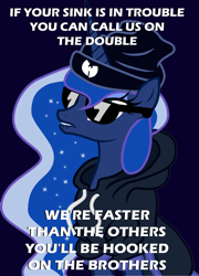 Size: 500x694 | Tagged: safe, artist:drpain, princess luna, alicorn, pony, clothes, dic, hoodie, hug life, lyrics, meme, nintendo, rap, rapping luna, solo, super mario bros., super mario bros. super show