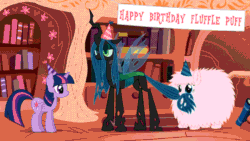 Size: 720x405 | Tagged: safe, artist:mixermike622, queen chrysalis, twilight sparkle, twilight sparkle (alicorn), oc, oc:fluffle puff, alicorn, changeling, changeling queen, pony, animated, behaving like a dog, female, happy birthday, mare, tail bite, youtube