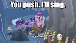 Size: 960x540 | Tagged: safe, edit, edited screencap, screencap, princess cadance, twilight sparkle, unicorn twilight, alicorn, pony, unicorn, a canterlot wedding, caption, crystal caverns, duo, female, hub logo, mare, out of context, text, this day aria