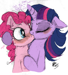 Size: 1000x1103 | Tagged: safe, artist:buttercupsaiyan, derpibooru import, pinkie pie, twilight sparkle, earth pony, pony, unicorn, blushing, female, kissing, lesbian, mare, shipping, twinkie