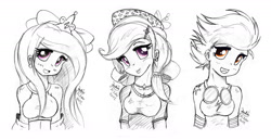 Size: 1550x800 | Tagged: safe, artist:joakaha, princess cadance, spitfire, trixie, goggles, hat, humanized, sketch