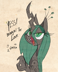 Size: 500x619 | Tagged: safe, artist:herny, queen chrysalis, changeling, changeling queen, dialogue, laughing, solo