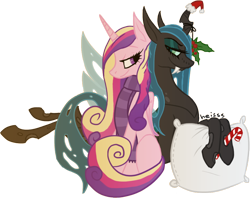 Size: 834x661 | Tagged: safe, artist:heisssaurus, princess cadance, queen chrysalis, alicorn, changeling, changeling queen, pony, cadalis, candy cane, christmas, clothes, female, hat, holly, lesbian, pillow, santa hat, scarf, shipping