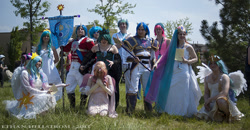 Size: 1024x534 | Tagged: safe, princess cadance, princess celestia, queen chrysalis, shining armor, human, cosplay, irl, irl human, photo