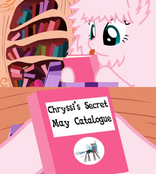 Size: 1280x1430 | Tagged: safe, artist:mixermike622, queen chrysalis, oc, oc:fluffle puff, changeling, changeling queen, book, book cover, book cover meme, clothes, exploitable meme, lingerie, meme, solo