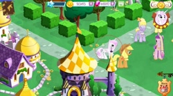 Size: 1412x785 | Tagged: safe, applejack, fleur-de-lis, lyrica lilac, princess cadance, alicorn, earth pony, pony, alicornified, circled, error, female, fleur-de-corne, game screencap, gameloft, mare, race swap