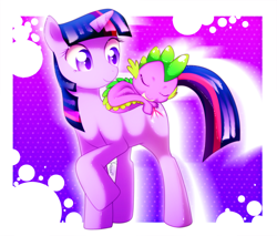 Size: 1162x989 | Tagged: safe, artist:si1vr, derpibooru import, spike, twilight sparkle, dragon, pony, unicorn, abstract background, dragons riding ponies, duo, female, looking back, male, mare, riding, sleeping, smiling, spikelove