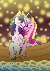 Size: 742x1055 | Tagged: dead source, safe, artist:100yearslater, princess cadance, shining armor, alicorn, pony, unicorn, blushing, i see the light, tangled (disney)