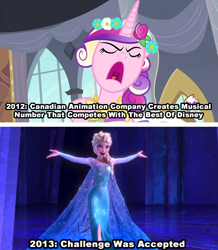 Size: 498x570 | Tagged: safe, princess cadance, queen chrysalis, changeling, changeling queen, barely pony related, disguise, disguised changeling, elsa, fake cadance, frozen (movie), image macro, let it go, meme, meta, this day aria