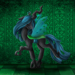 Size: 800x800 | Tagged: safe, artist:aschenstern, queen chrysalis, changeling, changeling queen, eyes closed, female, raised hoof, raised leg, smiling, solo