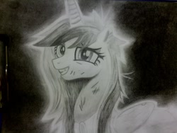 Size: 2048x1536 | Tagged: safe, artist:talon, princess cadance, alicorn, pony, charcoal drawing, dirty, grin, messy mane, photo, smiling, solo, traditional art