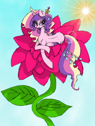 Size: 600x800 | Tagged: safe, artist:chappy, princess cadance, alicorn, pony, alternate hairstyle, female, flower, horn