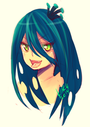 Size: 600x845 | Tagged: safe, artist:kiirusama, queen chrysalis, human, bare shoulder portrait, fangs, humanized, looking at you, open mouth, portrait, smiling, solo, tongue out