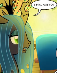 Size: 308x391 | Tagged: safe, artist:madmax, queen chrysalis, changeling, changeling queen, comic, cropped, hate, reaction image, solo, speech bubble