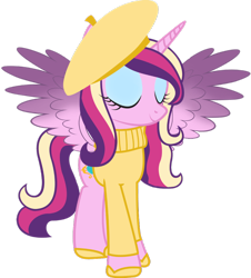 Size: 900x995 | Tagged: safe, artist:cool77778, princess cadance, alicorn, pony, beret, clothes, eyes closed, female, mare, smiling, solo, sweater