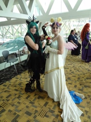 Size: 1536x2048 | Tagged: artist needed, safe, artist:marzipan cosplay, princess cadance, queen chrysalis, human, 2012, bouquet, clothes, convention, cosplay, gloves, irl, irl human, otakon, photo, veil