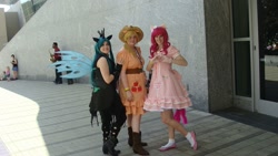 Size: 1920x1080 | Tagged: safe, applejack, pinkie pie, queen chrysalis, human, cosplay, irl, irl human, photo