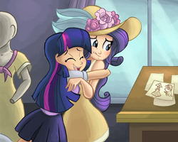 Size: 1500x1200 | Tagged: safe, artist:ric-m, derpibooru import, rarity, twilight sparkle, human, sweet and elite, birthday dress, clothes, dress, duo, duo female, female, happy, hat, hug, humanized, mannequin, open mouth, scene interpretation, skirt