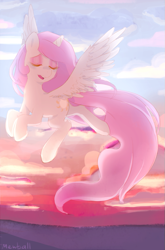 Size: 577x874 | Tagged: safe, artist:mewball, princess celestia, alicorn, pony, flying, pink-mane celestia, solo, sunset, younger