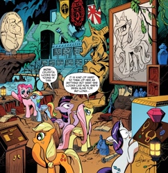 Size: 1376x1424 | Tagged: safe, artist:andypriceart, idw, applejack, fluttershy, pinkie pie, princess celestia, rainbow dash, rarity, star swirl the bearded, twilight sparkle, twilight sparkle (alicorn), alicorn, earth pony, pegasus, pony, unicorn, spoiler:comic, spoiler:comic17, abraham lincoln, andy you magnificent bastard, banner, batcave, batman, cropped, dc comics, dracula, female, flag, gem, giant penny, golden gun, greed, gun, james bond, japan, mane six, mare, the man with the golden gun