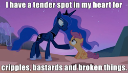 Size: 697x402 | Tagged: safe, screencap, princess luna, scootaloo, alicorn, pony, sleepless in ponyville, game of thrones, image macro, meme, scootaloo can't fly, vulgar