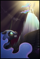 Size: 1000x1452 | Tagged: safe, artist:phierlon, nightmare moon, princess celestia, alicorn, pony, banishment, broken horn, crepuscular rays, fight, floppy ears, glowing eyes, gritted teeth, scared, spread wings, sunlight, vertigo, wide eyes