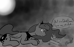 Size: 1280x808 | Tagged: safe, artist:crappyponydoodles, princess luna, alicorn, pony, fire, grayscale, lunadoodle, monochrome, solo