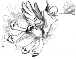 Size: 1280x988 | Tagged: safe, artist:uminanimu, princess luna, alicorn, pony, cloud, flying, lunadoodle, monochrome, moon, solo, traditional art