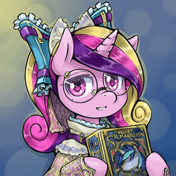 Size: 750x750 | Tagged: safe, artist:saturnspace, princess cadance, shining armor, alicorn, pony, unicorn, ask high school cadance, book, glasses, the silmarillion