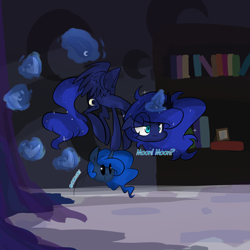 Size: 1280x1280 | Tagged: safe, artist:jankrys00, princess luna, alicorn, pony, blob, blob ponies, bouncing, floppy ears, flying, frown, lunadoodle, magic, messy mane, telekinesis, tired, too many ponies, undressing, wavy mouth