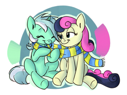 Size: 803x600 | Tagged: safe, artist:carnifex, artist:rustydooks, bon bon, lyra heartstrings, sweetie drops, earth pony, pony, unicorn, clothes, eyes closed, female, lesbian, lyrabon, mare, scarf, shared clothing, shared scarf, shipping