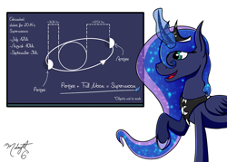 Size: 1000x714 | Tagged: safe, artist:midnightsix3, princess luna, alicorn, pony, astronomy, chalkboard, curved horn, lunadoodle, magic, moon, open mouth, planet, raised hoof, science, smiling, solo, supermoon, telekinesis