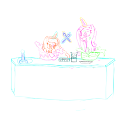 Size: 1280x1280 | Tagged: safe, artist:icesticker, princess cadance, princess luna, alicorn, pony, cooking, lunadoodle, magic, orange, sketch, telekinesis