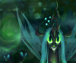 Size: 1200x1000 | Tagged: safe, artist:kaizerin, queen chrysalis, changeling, changeling queen, blurry, evil grin, female, green