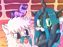 Size: 1600x1200 | Tagged: safe, artist:nyako-shoyu, queen chrysalis, twilight sparkle, twilight sparkle (alicorn), oc, oc:fluffle puff, alicorn, changeling, changeling queen, nymph, pony, cute, cutealis, female, flufflebetes, library, looking at you, mare, moustache, tongue out, trio, trio female, warfstache