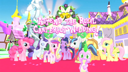 Size: 1280x720 | Tagged: safe, applejack, discord, fluttershy, pinkie pie, princess cadance, rarity, shining armor, spike, twilight sparkle, unicorn twilight, alicorn, butterfly, dragon, earth pony, pegasus, pony, unicorn, 3d, canterlot, female, game screencap, gameloft, male, mare, official, stallion, statue discord, wedding