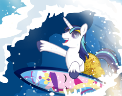 Size: 900x704 | Tagged: safe, artist:pixelkitties, princess cadance, shining armor, alicorn, pony, unicorn, clothes, shorts, sunglasses, surfboard, surfing, swimsuit, topless, water, wave