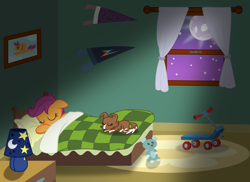 Size: 10297x7500 | Tagged: safe, artist:mactavish1996, artist:zoevulpez, princess luna, scootaloo, winona, alicorn, pony, absurd resolution, bed, dic, lamp, moon, paint, scooter, vector, window