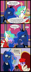 Size: 874x2000 | Tagged: safe, artist:madmax, princess celestia, princess luna, twist, alicorn, pony, bathrobe, clothes, coffee, comic, degree, glasses, magic, psychiatrist, psychologist, suit, therapist, working