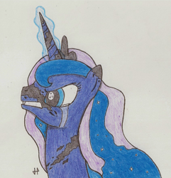 Size: 845x878 | Tagged: safe, artist:doctorgiratina, nightmare moon, princess luna, alicorn, pony, crying, solo, traditional art, transformation