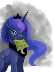 Size: 1000x1294 | Tagged: safe, artist:hattonslayden, princess luna, alicorn, pony, bedroom eyes, bronybait, looking at you, mouth hold, smiling, solo