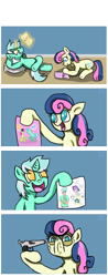 Size: 510x1300 | Tagged: safe, artist:pcjoyce, bon bon, lyra heartstrings, sweetie drops, earth pony, pony, unicorn, 4koma, bon bon is not amused, comic, duo, female, gun, humie, mare, no pupils, weapon