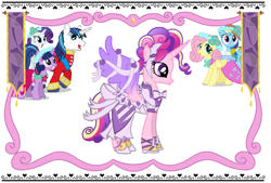 Size: 620x420 | Tagged: safe, princess cadance, rainbow dash, rarity, shining armor, twilight sparkle, alicorn, pegasus, pony, unicorn, clothes, dress, game, official